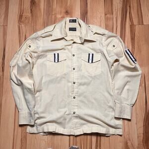 VINTAGE 70s Dagger Collar Button Up Size M Striped Military Style Cream